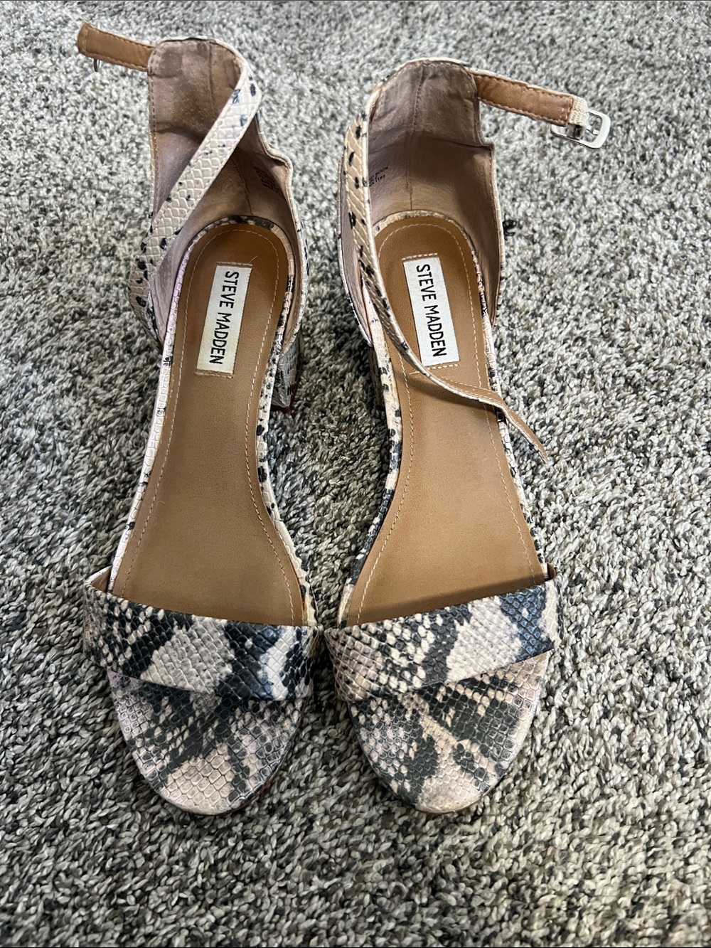 Steve Madden Beige and Black Snake-Print Ankle Strap Heels